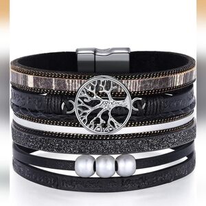 Black Multi-Layer Bracelet with Tree of Life Charm
